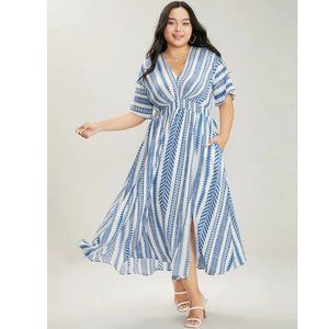 NWT BloomChic Blue Geo Dolman Sleeve Pocket Shirred Split Hem Dress 22-24/3X
